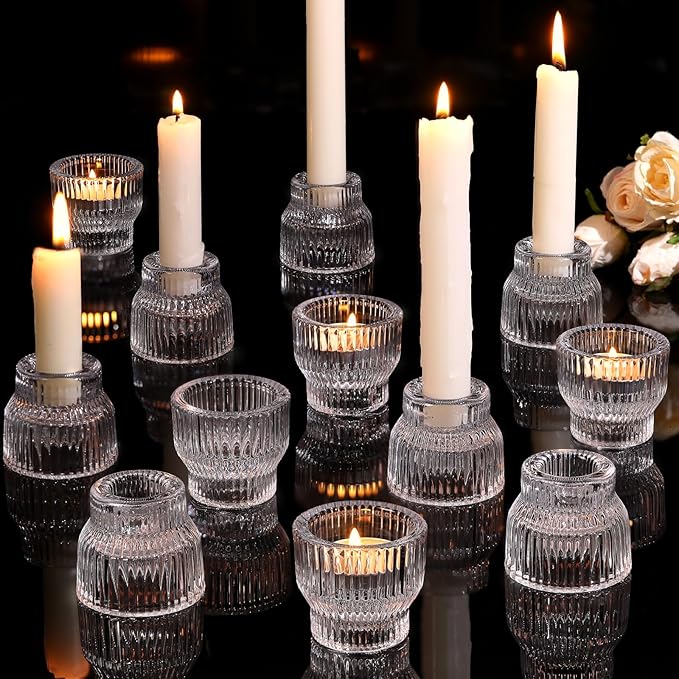 12pcs Clear Taper Candle Holders, Glass Candlestick Holders, Tea Light Candle Holder for Fall Wedding Centerpieces Table Decorations, Votive Candle Holders for Table Decor