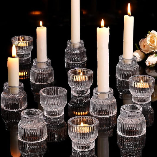 12pcs Clear Taper Candle Holders, Glass Candlestick Holders, Tea Light Candle Holder for Fall Wedding Centerpieces Table Decorations, Votive Candle Holders for Table Decor