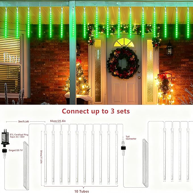 Joomer Christmas Lights Outdoor, 11.8 inch 10 Tubes 240 LED Meteor Shower Lights, LED Snow Falling Icicle Cascading Light with Timer Waterproof and Connectable for Christmas Decoration (Green)
