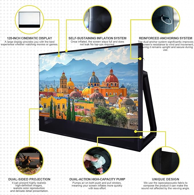 Inflatable Projector Screen I Air-Tight No-Blower Design,Made from TPU Tarpaulin, 120 inch (Equivalent to 16ft) for Indoor & Outdoor Use Backyard, Pool, Party, Camping, Movie Night Parties