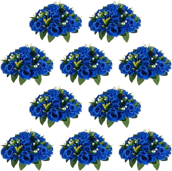 NUPTIO Flower Ball Arrangement Bouquet - 10 Pcs 9.5 inch Diameter Royal Blue Fake Flowers Roses Balls for Centerpieces Tables - Artificial Rose Arrangements for Wedding Centerpiece Table Decorations