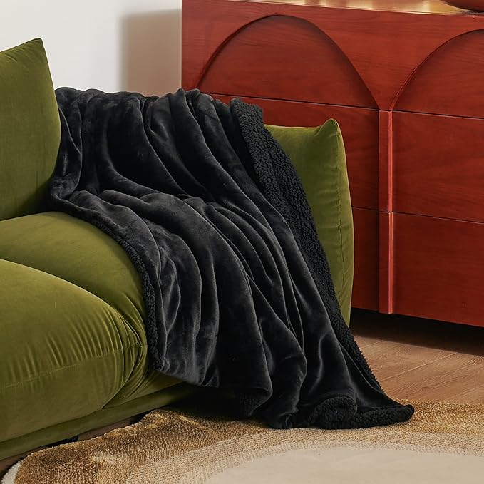 Bedsure GentleSoft Sherpa Fleece Throw Blanket Twin Size for Couch - Thick and Warm Throw for Women and Men, Soft Fuzzy Plush Twin Blanket for Winter, Black, 60x80 Inches