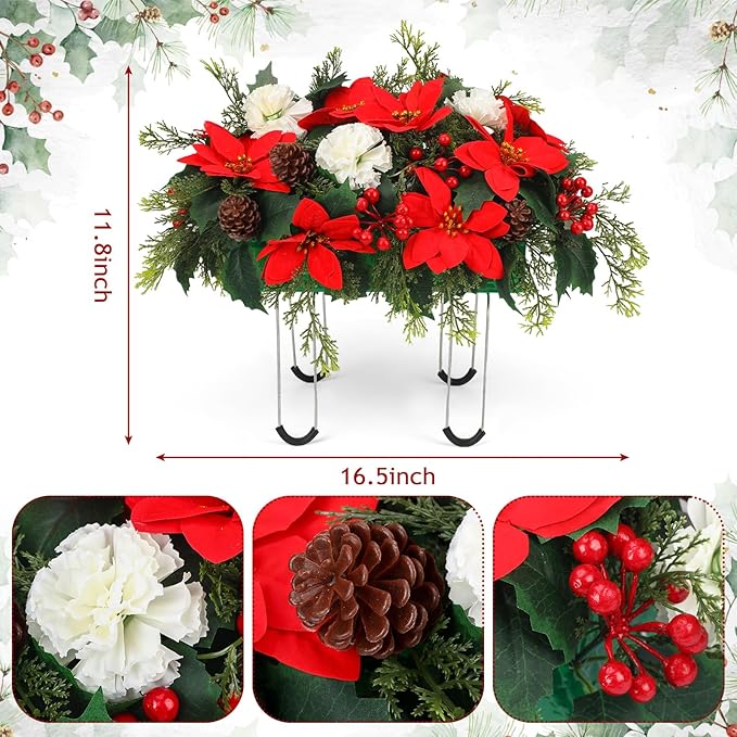 Christmas Cemetery Decorations for Grave Headstone Flower Saddle Artificial Flower Saddles Red Poinsettia Outdoor Memorial Headstone Realistic Bouquet(Red and White,Elegant Style)