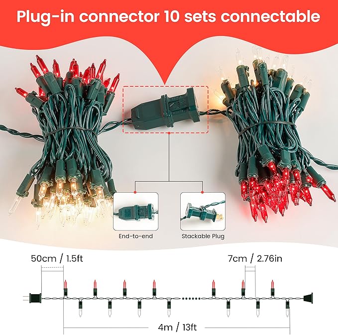 woohaha Mini Christmas Lights,2 Pack 13ft String Lights, 120V UL Plug Extendable Xmas Tree Lights for Christmas,Patio,Home,Party,Holiday,Garden,Indoor/Outdoor Decor(50 Count red Clear)