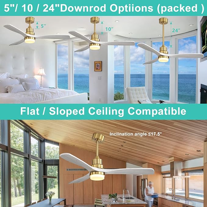 Sofucor Ceiling Fan with Lights, 52 Inch Low Profile Flush Mount Mordern Wood Ceiling Fan with Remote for Indoor Farmhouse Bedroom Living Room Outdoor Patio Porch, Reversible DC Motor, Noiseless