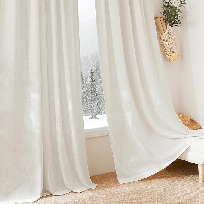 RYB HOME Natural Linen Curtains for Living Room Bedroom, Light Filtering Lightweight Short Window Treatments Boho Country Rustic Semi Sheer Drapes, W 34 x L 45 inches, Linen, 2 Panels Set