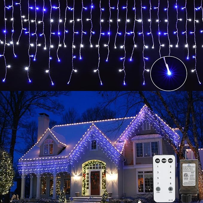 Brightown Icicle Lights Outdoor, 66Ft Christmas Lights with 30 Drops, 1125 LED Firecracker Icicle Christmas Light Outdoor with Timer for House Eaves Wedding, Blue & White