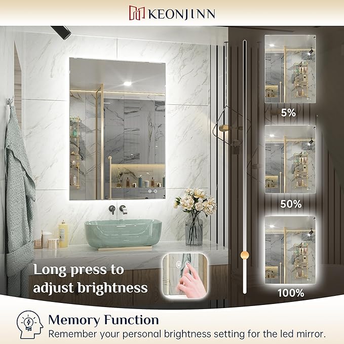 Keonjinn 24 x 40 Inch LED Bathroom Mirror with Backlit, Anti-Fog Vanity Mirror with CRI90+ HD Tempered Glass, Stepless Dimmable, High Lumen, UL Listed, Waterproof, Horizontal/Vertical