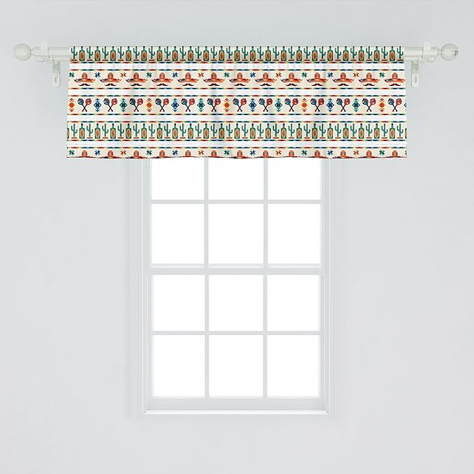 Ambesonne Mexican Window Valance Pack of 2, Latin American Cultural Native Borders Indigenous Saguaro Sombrero Tequila Bottle, Rod Pocket Curtain Valances for Kitchen Bedroom, 42" X 18", Jade Green