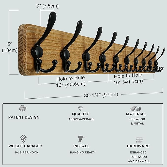 Dseap Coat Rack Wall - Heavy-Duty 38-1/4" Long, with Reinforced 10 Custom Tri-Hooks, Solid Wood Wall Hanger for Coats Hat Jackets - Rustic Farmhouse Entryway Storage,Weathered Brown & Black,Pack of 2