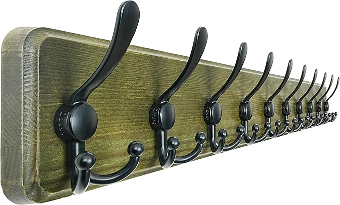 Dseap Coat Rack Wall - Heavy-Duty 38-1/4" Long, with Reinforced 10 Custom Tri-Hooks, Solid Wood Wall Hanger for Coats Hat Jackets - Rustic Farmhouse Entryway Hallway Storage, Weathered Green & Black