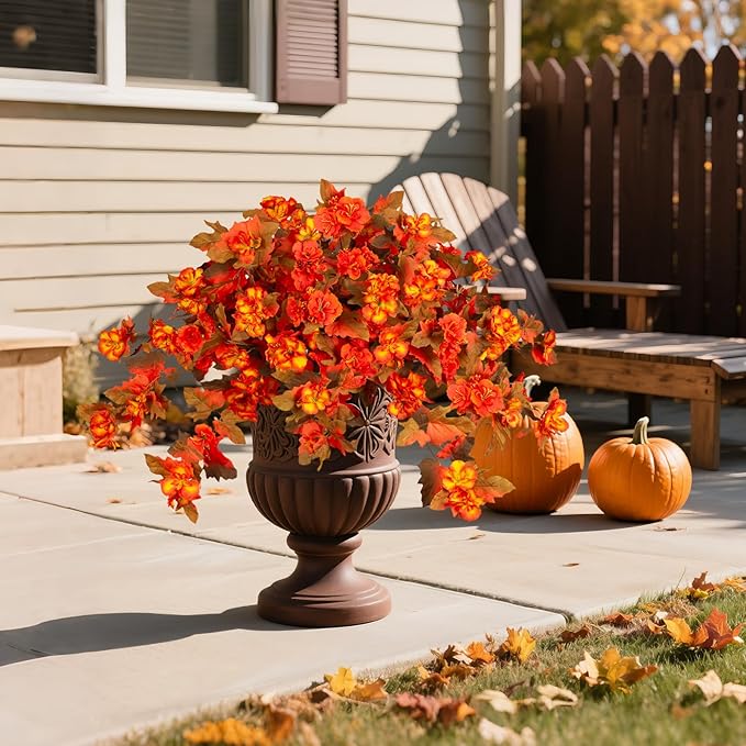 Homsunny Fall Flowers for Outdoors, 2 PCS Fake Fall Flowers UV Resistant Fake Autumn Artificial Flowers for Porch Patio Window Box Planter Home Decor (Sunset Red and Orange)