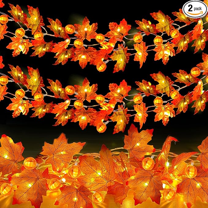 2 Pack Thanksgiving Decorations Fall Garland with Pumpkin Lights Fall Decorations for Home, Total 60 LED 20 Ft Maples Leaves Thanksgiving Lights Battery Operated Autumn Decor Indoor Outdoor Christmas
