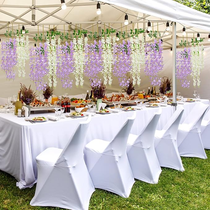 Giegxin 36 Pcs Artificial Wisteria Hanging Flowers 3.6 ft Artificial Fake Wisteria Vine Rattan Hanging Garland Silk Flowers String for Wall Home Wedding Party Greenery Decorations (Purple,White)