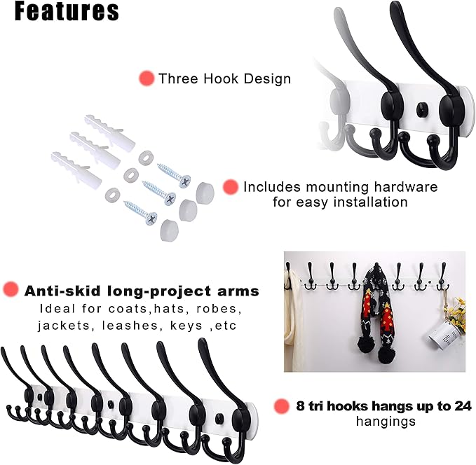 Dseap Coat Rack Wall Mount - 29.5” Long 8-Tri-Hooks Heavy Duty Coat Hanger Rail Wall Hooks for Hanging Coats Hats Clothing Clothes Purse Mudroom Entryway, White & Black, Pack of 2