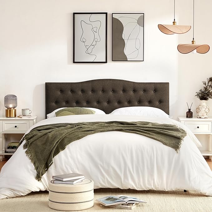 Tufted Upholstered Headboard King Size, Sturdy and Durable Solid Wood Bed headboard, Fabric Headboard Adjustable Height from 37” to 51”, Modern Button Diamond Design Head Board, Chocolate