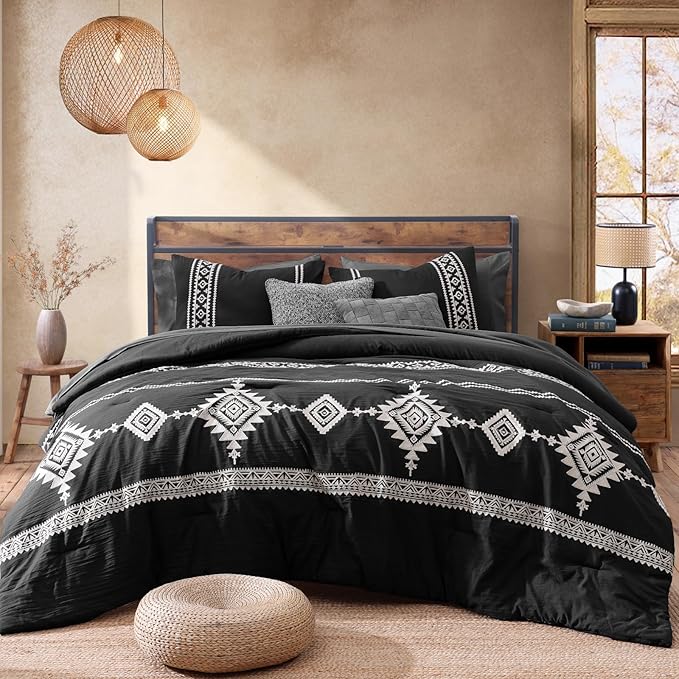MaiRêve Embroidery Queen Size Comforter Set Black, Boho Farmhouse Western Bedding Set 7 Pieces, All Season Bed in A Bag Comforter Set with Sheets, Pillowcases & Shams