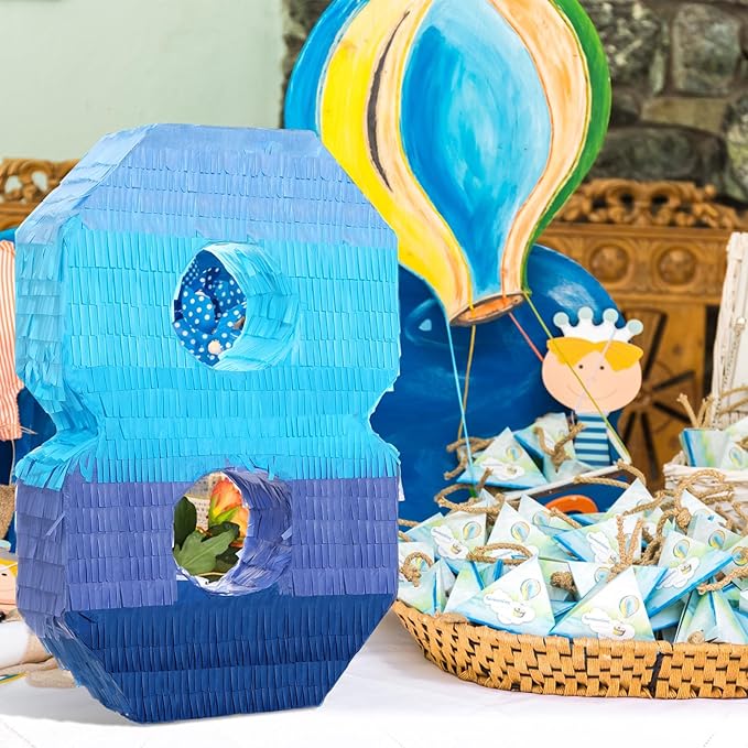 Sratte Number 1 2 3 4 5 6 7 8 9 Piñata with Stick Blindfold Confetti, Gradient Blue Piñata for Kids Boys Girls Birthday Party Anniversary Decorations Supplies(Number 8)