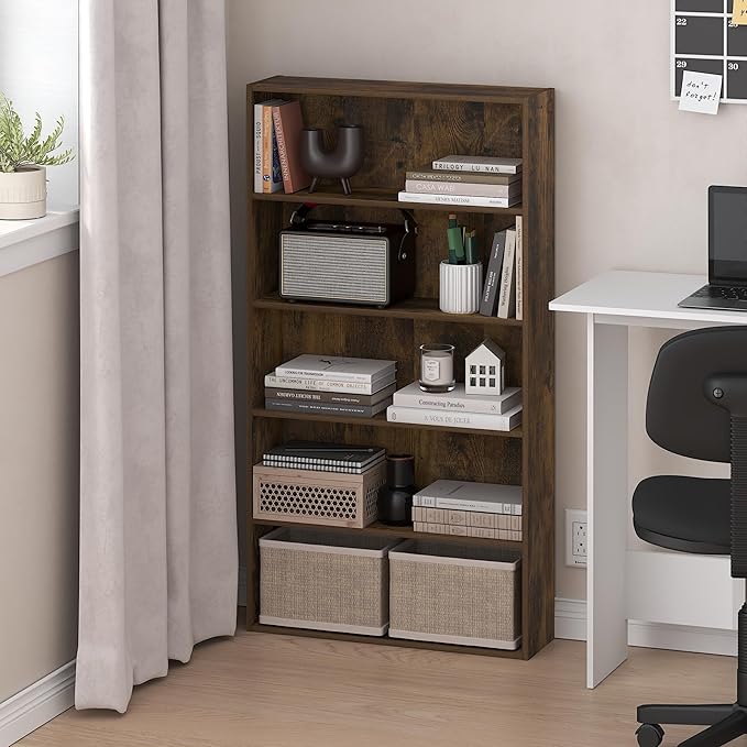 Furinno Basic Book Shelf, 5-Tier Bookshelf, Cube Storage Organizer Bookcase with Open Shelf, 7 x 24 x 44, for Living Room, Bedroom, Home Office, Amber Pine