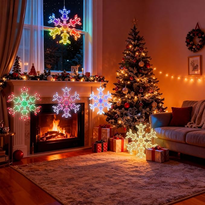 BrizLabs 2 Pack Christmas Window Lights with Remote, 61 Modes, Warm & Cool White & RGB Color Changing 12" Foldable Snowflake Hanging Christmas Lights for Xmas Indoor Outdoor Wall Door Fireplace Decor