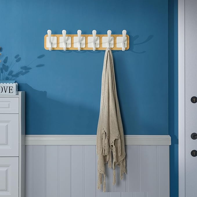 SKOLOO Scandi-Style Wooden Carved-Block Coat Hook & Hanger - Wall Mount with 6 Hooks for Clothing & Accessories, Natural & White