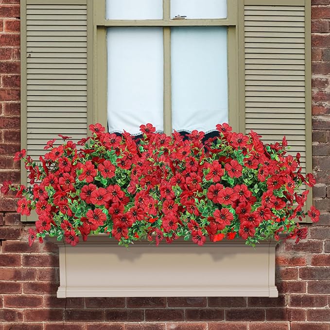 Ouddy Decor 24 Bundles Artificial Flowers for Outdoors Fake Silk Flowers UV Resistant Faux Plastic Plants for Spring Summer Garden Porch Window Box Table Vase Home Indoor Outdoor Decoration, Red