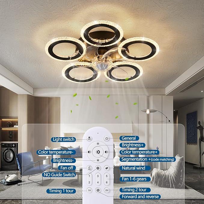 Ceiling Fan with Lights Remote Control, 20" Personality Geometric Ceiling Fan with Light, 6 Speeds 3 Light Color Low Profile Ceiling Fan for Kitchen Bedroom Living Room