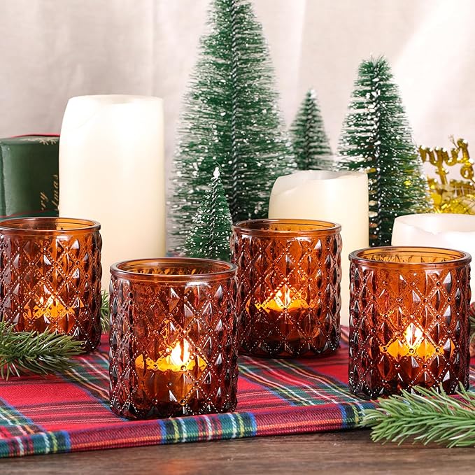 12Pcs Large Votive Candle Holders 2.8 * 3.2in Amber Tea Light Candle Holders Glass Candle Holder for Wedding Table Centerpiece, Home Decor, Birdal Shower, Party, Fall Decor