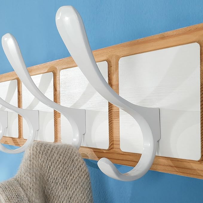 SKOLOO Scandi-Style Wooden Carved-Block Coat Hook & Hanger - Wall Mount with 6 Hooks for Clothing & Accessories, Natural & White