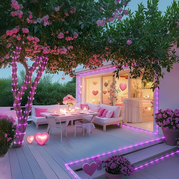 JMEXSUSS 2 Pack Pink Battery Operated Lights Outdoor Waterproof, Each 33ft 100 LED Rope Lights Battery Powered String Lights, 8 Modes Pink Fairy Lights for Valentines Party Garden Decoration