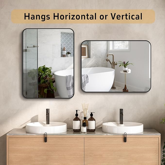 Black Bathroom Mirror for Wall, 30x36 Inch Brushed Matte Black Metal Framed Rectangle Wall Mirror for Bathroom Vanity, Living Room, Bedroom, Farmhouse, Hangs Vertically or Horizontally