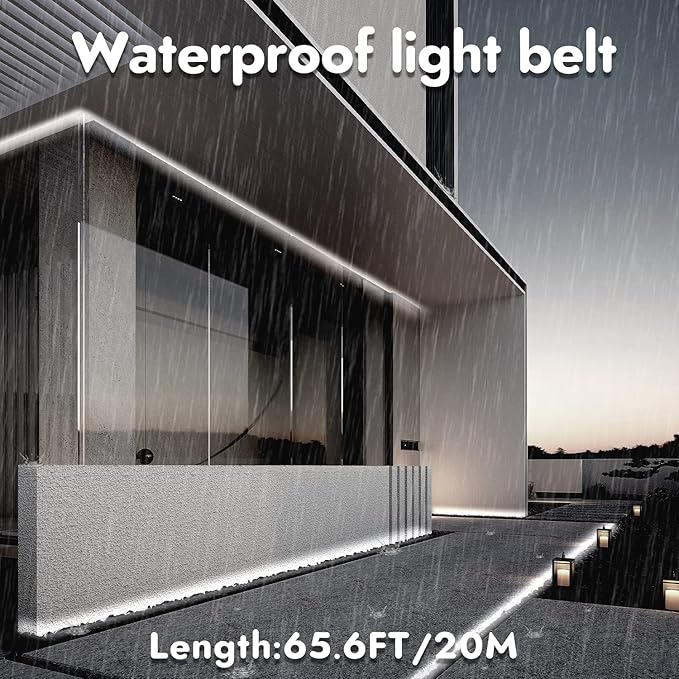 White LED Strip Lights, IP44 Waterproof 2835 LED Lights, 6000K 12V 65.6ft/20m Flexible Ribbon, Kitchen Cabinet Lighting, Outdoor/Indoor (White)