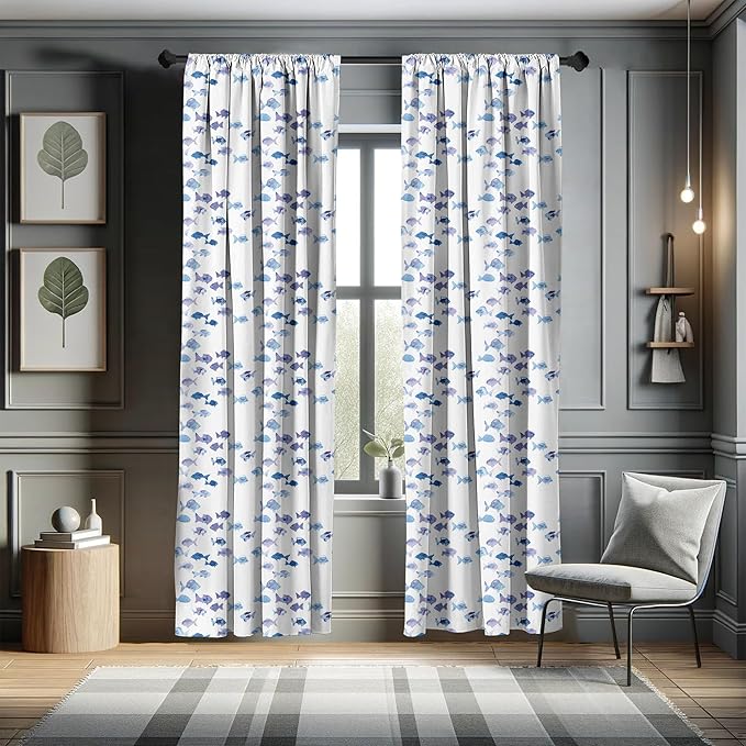 Ambesonne Animal Window Curtains, Little Fishes Watercolors Ocean Underwater Life Marine Theme Art, Lightweight Decor 2-Panel Set with Rod Pocket, Pair of - 28" x 84", Blue