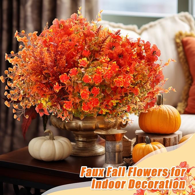 Mimorou 60 Bundle Fall Artificial Flowers Outdoor UV Resistant Autumn Orange Fake Plants Flowers Faux Plastic Greenery Decoration Shrub for Wedding Window Box Home Porch Fireplace Thanksgiving