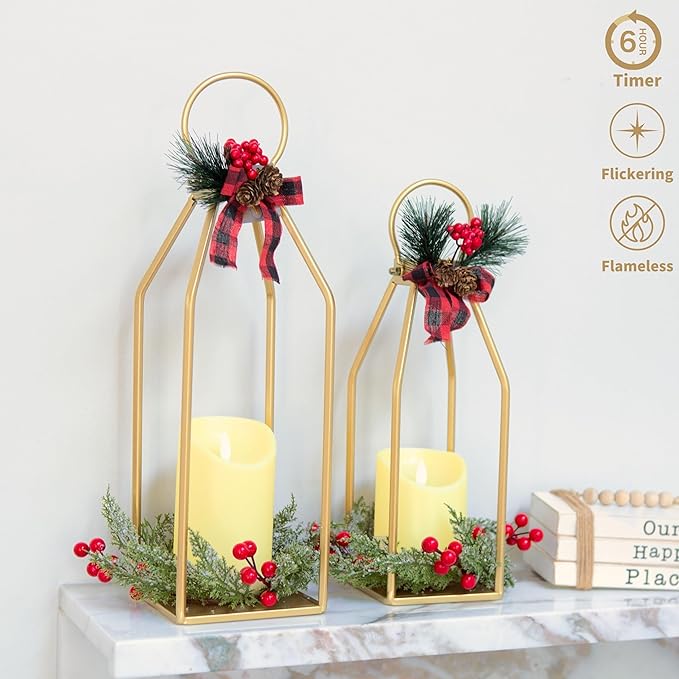 Perfnique Modern Farmhouse Lantern Decor, 15'' 12.6'' Set of 2 Gold Metal Lanterns, 2 LED 6hr Timer Flickering Flameless Candles, Lanterns Decorative for Outdoor, Porch, Fireplace, Patio