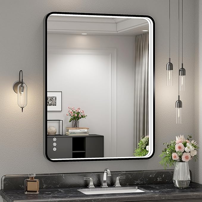 28x36 Inch LED Bathroom Mirror with Lights, Black Metal Framed LED Mirror for Bathroom, 3 Colors and Stepless Dimmable Wall Mounted Lighted Bathroom Vanity Mirror, Anti-Fog, Memory