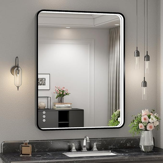 28x36 Inch LED Bathroom Mirror with Lights, Black Metal Framed LED Mirror for Bathroom, 3 Colors and Stepless Dimmable Wall Mounted Lighted Bathroom Vanity Mirror, Anti-Fog, Memory