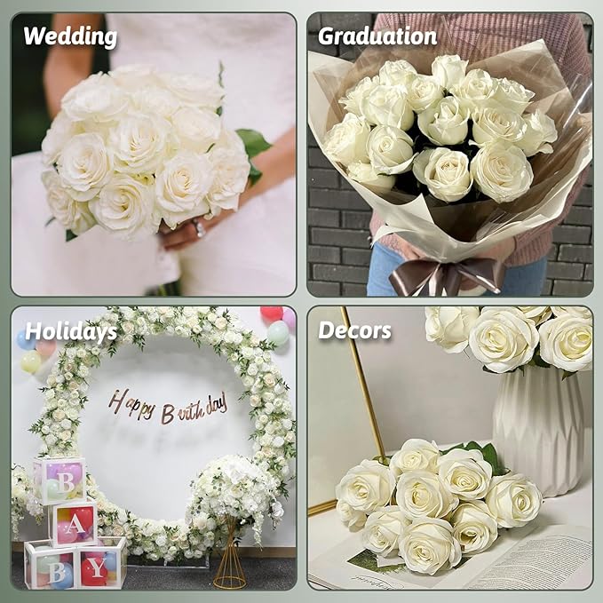 Roses Artificial Flowers 10 Pack in Bulk, White Fake Roses Flowers Realistic Roses for Wedding Home Party Decoration Event Gift