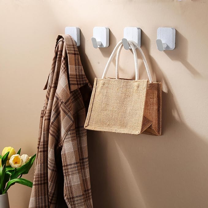 DELITON Wood Wall Hooks, Adhesive Towel Hooks for Hanging Wall Mounted, 4 Packs Coat Robes Hats Command Hook Heavy Duty No Damage, White