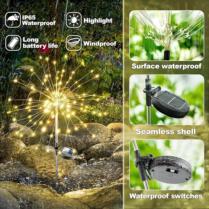 Anordsem Solar Lights Outdoor Decorative: Bendable Copper Wire with 120 LED Firework Beads - Waterproof 2 Warm Lighting Modes Yard Garden Patio - Christmas Gifts for Homeowner Over 30