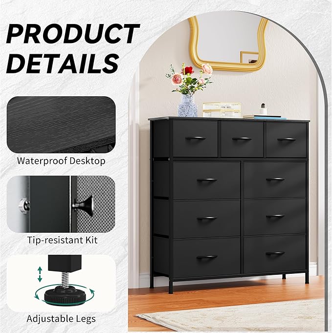 YITAHOME 9 Drawers Fabric Dresser, Dresser for Room, Black Chest of Drawers, Storage Tower Organizer Unit for Living Room, Closets - Sturdy Steel Frame, Wooden Top & Easy Pull Fabric Bins