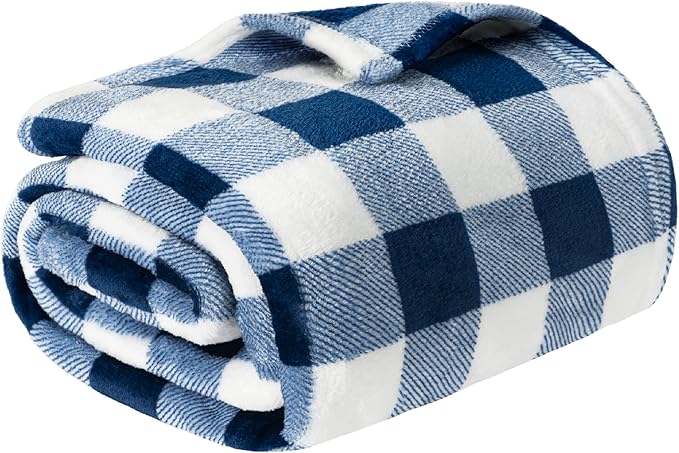 PAVILIA Buffalo Check Fleece Throw Blanket | Blue White Checkered Plaid Flannel Blanket | Soft Velvet Lightweight Microfiber Blanket for Bed Couch Sofa | 60x80 Inches Checker Navy