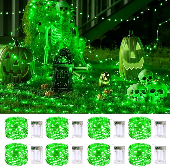 JMEXSUSS 8 Pack 50 LED Green Christmas Fairy Lights Battery Operated - Green Twinkle Lights for Christmas Tree Party Garden Patio Decorations