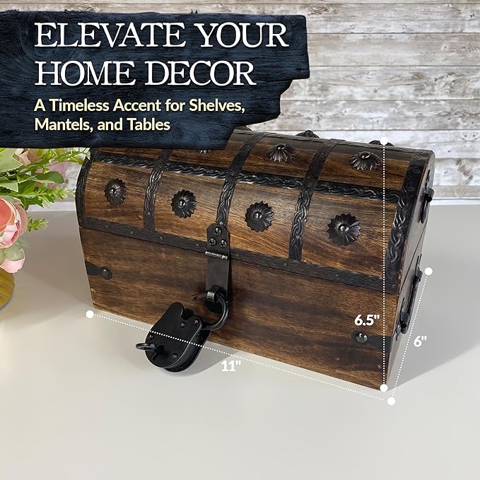 Nautical Cove Handmade Pirate Treasure Chest for Kids Prizes & Classroom with Lock and Skeleton Keys – Lockable Wooden Storage Chest Box, Pirate Decor, Decorative Wooden Box - Medium 11x6x6.75