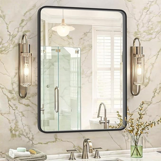 SUPER DEAL 22x30 Inch Black Wall Mirror for Bathroom, Wall Mounted Rectangular Entryways Decor Vanity Mirrors with Stainless Steel Metal Frame and Rounded Edge