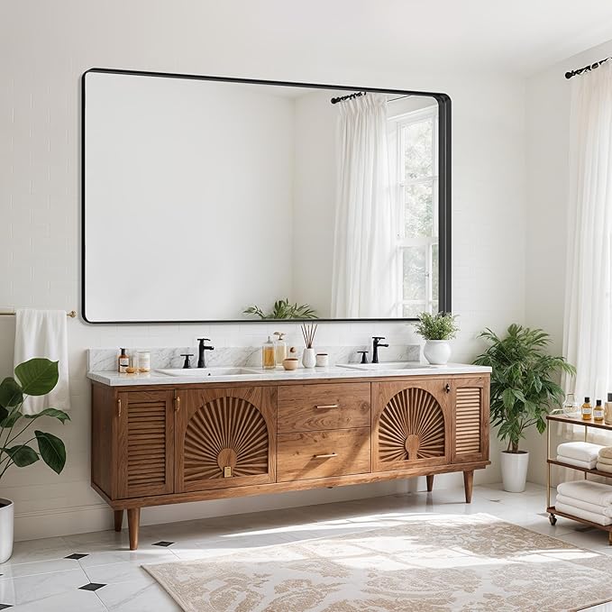 Suidia Bathroom Mirror, 60" x 36" Wall Mirror Metal Framed, Bathroom Vanity Mirror for Living Room Bedroom Bathroom Entryway, Black, Rounded Corner Style