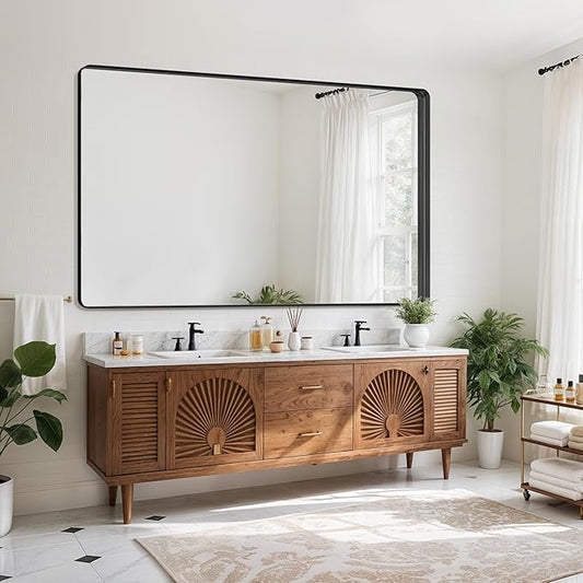 Suidia Bathroom Mirror, 60" x 36" Wall Mirror Metal Framed, Bathroom Vanity Mirror for Living Room Bedroom Bathroom Entryway, Black, Rounded Corner Style