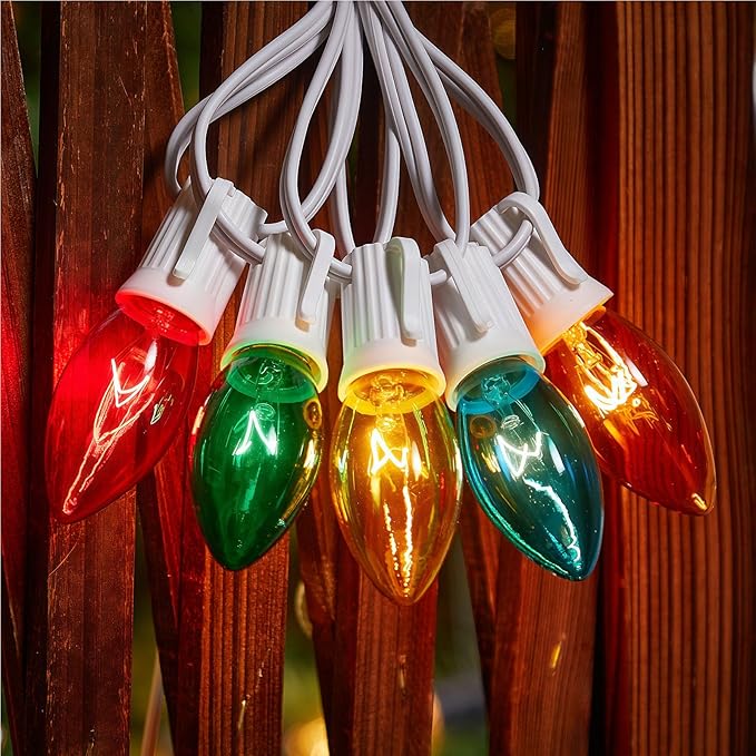 Minetom C9 Multicolor Christmas String Lights, 25FT 25+2 Bulbs Bright & Warm Outdoor Christmas Lights, Long Life C9 String Lights for Tree Patio Gazebo Wreath, Green Wire