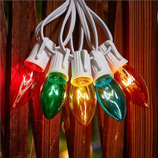 Minetom C9 Multicolor Christmas String Lights, 25FT 25+2 Bulbs Bright & Warm Outdoor Christmas Lights, Long Life C9 String Lights for Tree Patio Gazebo Wreath, Green Wire
