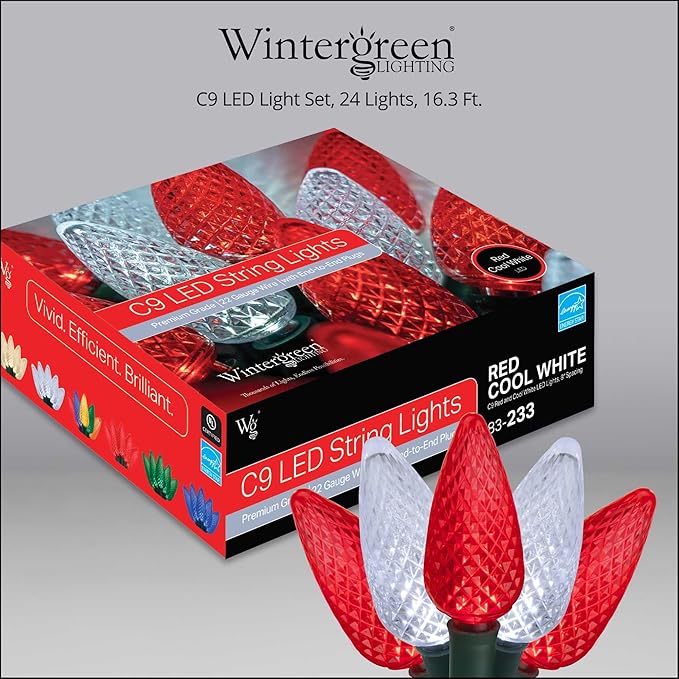 Wintergreen Lighting 24 C9 Red and White LED Christmas Lights, 16.3 ft – Candy Cane Indoor/Outdoor C9 String Lights